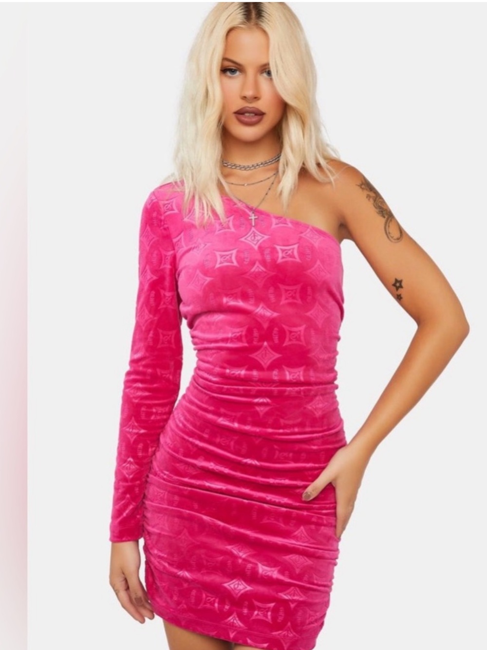 NWT Juicy Couture Hot Pink Jacquard Logo One Shoulder Ruched Mini Dress S